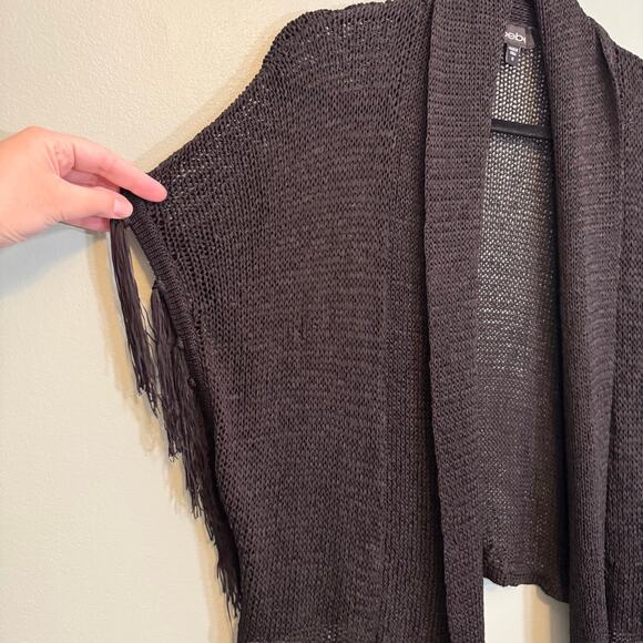Bebe Poncho Cardigan Women M Black Fringed Shawl Collar Open Knit Sweater Winter - Picture 3 of 9